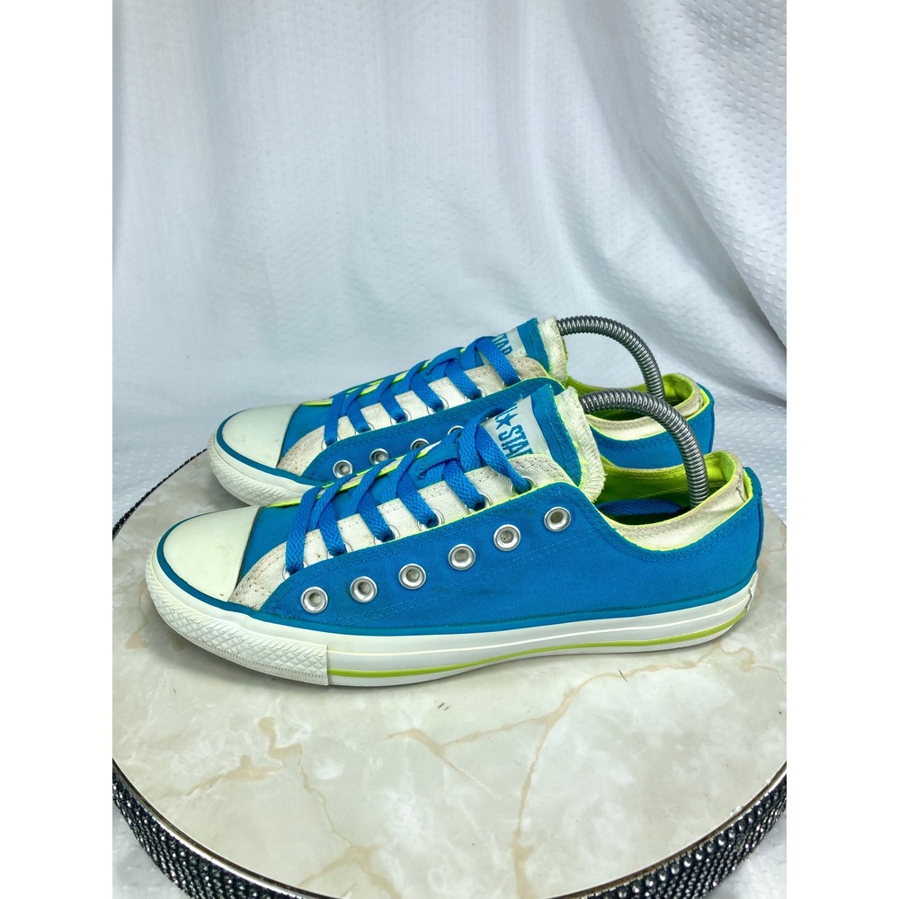 Converse Low Top Double Tongue Shoes Womens Sz 9 Blue Lime Green Canvas Sneakers - Picture 6 of 12